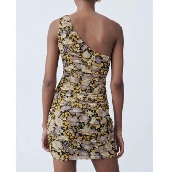 Zara One Shoulder Ruched Bodycon Mini Dress Dark Yellow Floral - Picture 2 of 8